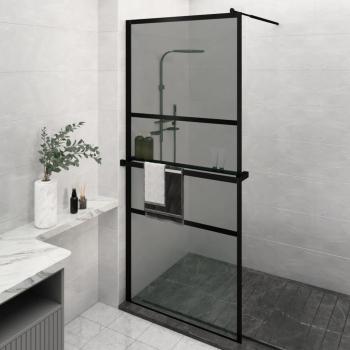 Mampara de ducha con estante de vidrio ESG y marco de aluminio negro, dimensiones 90x195 cm