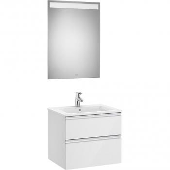Conjunto de baño The Gap Roca - Mueble suspendido con 2 cajones, lavabo de porcelana y espejo LED con acabado blanco brillante
