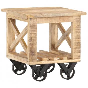 Mesa auxiliar con ruedas de madera de mango rugosa 40x40x42 cm Marrón