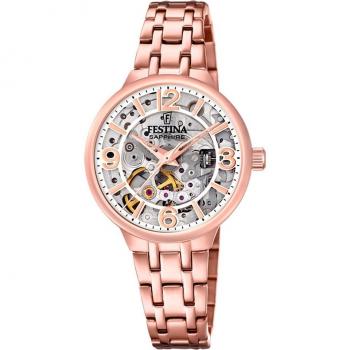 Reloj Festina Automatic Skeleton F20616/1 para Mujer con Esfera Plateada y Caja de Acero Rosa
