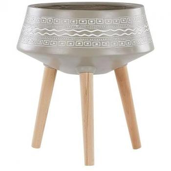 Soporte para maceta redondo de cerámica taupe 47 x 47 cm con patas de madera maciza, diseño moderno escandinavo