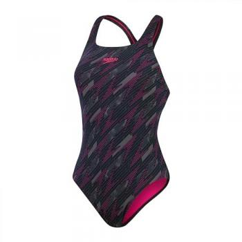 Bañador de natación Speedo Hyperboom Allover Medalist para mujer, color negro con detalles en gris y rosa, talla 40
