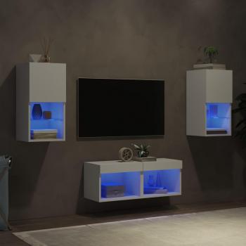 Mueble de TV de pared con luces LED 4 piezas blanco vidaXL, incluye estante para televisión, diseño moderno, acabado en color blanco, iluminación LED integrada, fácil instalación y montaje