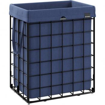 Cesto de Ropa Sucia Plegable 90 litros con Bolsa Extraíble y Lavable, Marco de Alambre Metálico, Ideal para Baño, Dormitorio y Lavandería, Color Negro y Azul Carbón (48 x