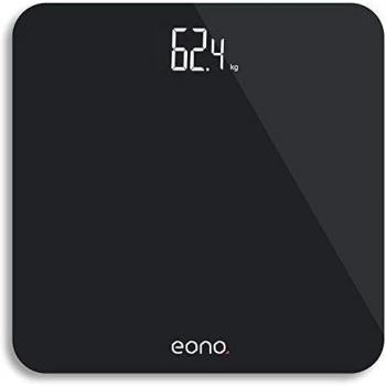 Amazon Brand – Eono Báscula de Baño Digital Ultrafina De Vidrio Templado Para el Baño Con Sensores De Alta Precisión, Sistema De Unidades: kg/lb/st, 15 Años De Garantía Negro