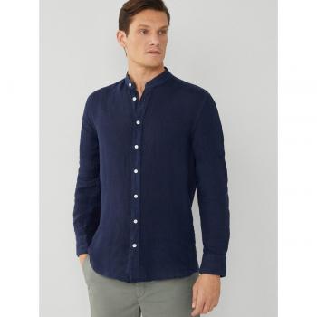Camisa de lino azul marino slim fit para hombre con diseño elegante