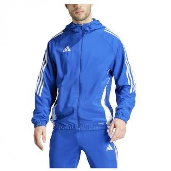 Cortavientos de fútbol Adidas Tiro24 hombre azul, chubasquero ligero, material resistente al agua, diseño transpirable, cierre frontal con cremallera, capucha ajustable, bolsillos laterales con cremallera,