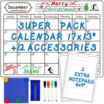 Set de Calendario Magnético Mensual - Grande Planificador Pizarra Blanca 43x33cm + 2 Listas de Compras + 1 Borrador, 1 Paño, 4 Rotuladores, 4 Imanes - Agenda Organizador para Nevera