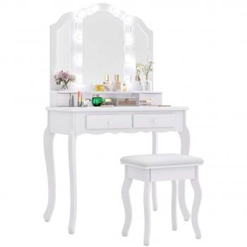 Makeup Vanity Table Set with Lighted Mirror and Drawers - Vanity Set-White