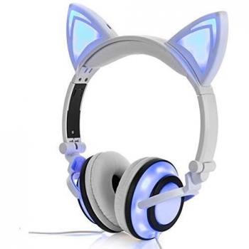 Auriculares Plegables y Recargables para Niños con Limitación de Volumen de Oreja de Gato Headset de Dibujos Animados con luz LED Intermitente R107