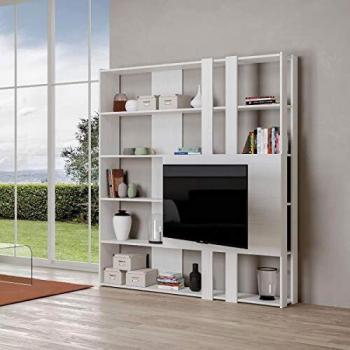 Librería Kato M con soporte para TV en madera de fresno blanco - 6 estantes, 2 fianches, 2 fascias largas, 2 fascias cortas y 2 fascias medias - 178x