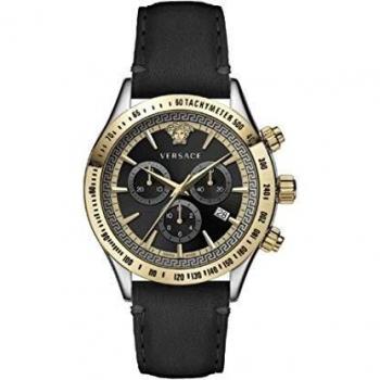 Versace Classic Chrono Watch Black Leather Silver Gold Steel Multicolor Male Size: ONE SIZE