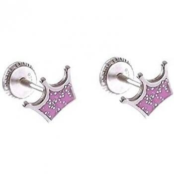 Pendientes plata Ley 925m niña 6mm. forma corona esmaltada color rosa presión