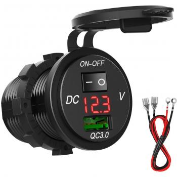 SONRU QC 3.0 Cargador Puerto USB de 5V y 3A, 12V/24V 18W Adaptador de Enchufe con ON/Off Interruptor Impermeable y a Prueba de Polvo para Coche Autobús Caravana Quad Motocicleta o Barco