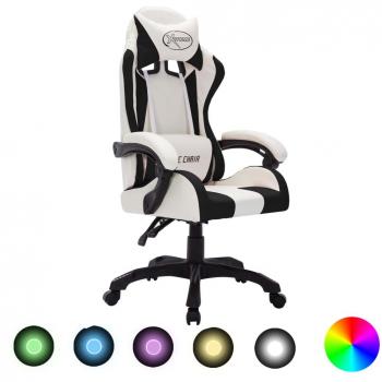 Silla gaming con luces LED RGB de cuero sintético blanco y negro