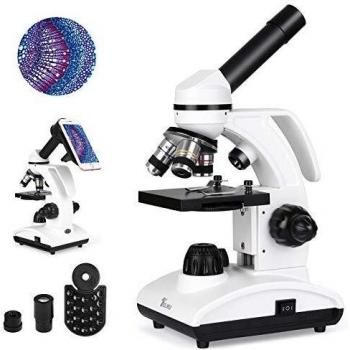 TELMU Microscopio Optico 40-1000X - Microscopio Biologico Monocular con Fuente De Luz LED Y Soporte para Teléfono Móvil