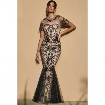 Goddiva Mesh & Lace Maxi Dress with Scalloped Hem - Black - Size 10 UK