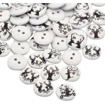 2-Agujero reno Impreso madera botones de costura para la Navidad, blanco, 15x3mm, agujero: 2 mm