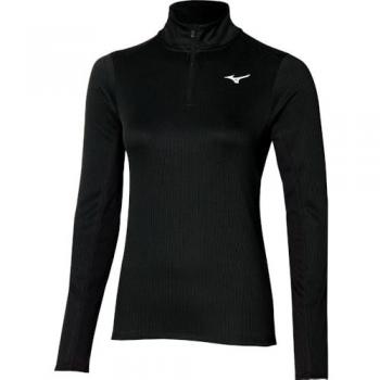 Camiseta de running Mizuno DryAeroFlow LS Half Zip Mujer Negro, manga larga, media cremallera, tecnología DryAeroFlow