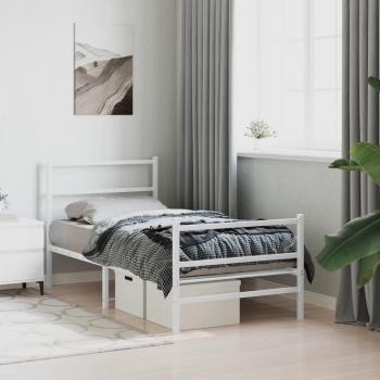 Cama de metal blanco con cabecera y pediera 90x200 cm, estructura sin colchón, incluye estribo