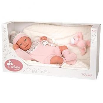 Muñeca Reborn Anais de 45 cm con Manta y Peluche, Bebé Realista con Ropa Rosa, Chupete y Cuerpo Blando - Arias AR98152