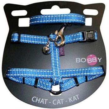 Arnés y correa para gatos Bobby Safe, nylon reflectante, ajustable, 1 cm de ancho y 100 cm de largo, color azul