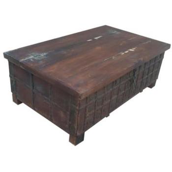 Mesa Baúl de Centro Artesanal de Madera Marrón con 3 Puertas 120x70x42 cm