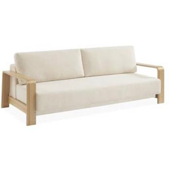 Sofá Cama de 3 Plazas en Borreguito con Reposabrazos de Madera, Modelo Eden, Blanco, 224x108x85 cm