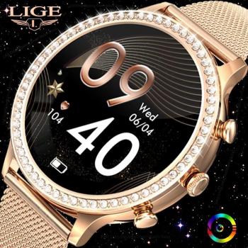 Reloj Inteligente LIGE para Mujer - Bluetooth, Llamadas, Presión Arterial, Esfera Personalizada DIY, Pulsera Deportiva Resistente al Agua, Correa de Malla y Silicona en Color Burdeos