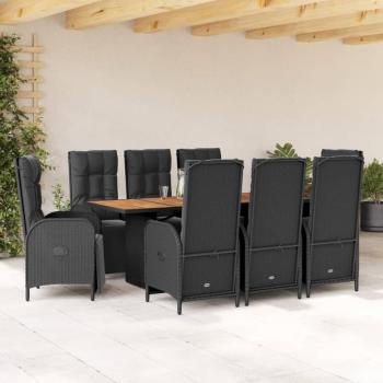 9-Piece Black Poly Rattan Garden Dining Set with Cushions
