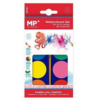 MP - Set de Acuarelas para Niños, Acuarelas Infantiles con Pincel Incluido, No Tóxicas - Estuche de 8 colores de Acuarelas