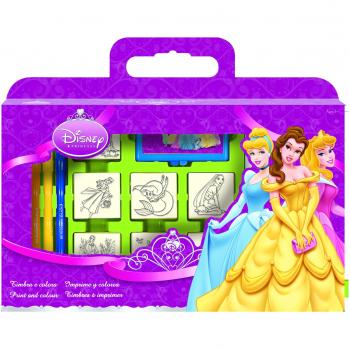 Maletín de Sellos Disney Princesas - 7 Sellos de Madera y Látex, Marcadores Giotto, Álbum para Colorear