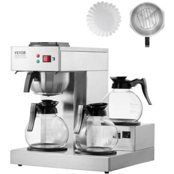 VEVOR 12-Cup Commercial Drip Coffee Maker with Auto Water Intake, Stainless Steel, 3 Glass Carafes & 3 Warmer Plates for Office and Restaurant