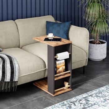 Mesa Auxiliar Siikainen con Ruedas y Barra Anticaída 65x44x29cm - Negro Efecto Madera
