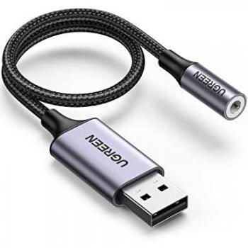 Adaptador de Audio USB UGREEN 2.0 a 3.5mm, Aluminio, 25cm, Compatible con PS4 y Auriculares TRRS
