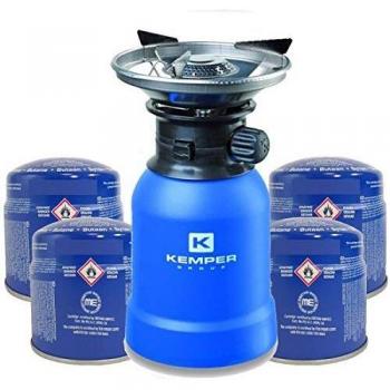 Estufa de Gas Piezoeléctrica KEMPER 2200W con Carcasa ABS + 4 Cartuchos de Gas 190g para Camping
