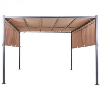 Cenador Pérgola de Jardín 310 x 310 cm con Pantalla de Tela, Estructura Metálica y Luces LED Solares Marrón Parga