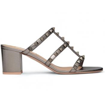 Valentino Garavani Women's Rockstud Grey Laminated Leather Block Heel Slide Sandals - Size 37 EU / 7 US