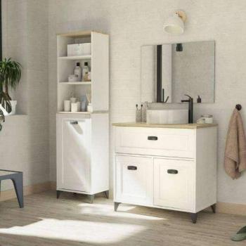 Mueble de Baño Pack Siena con Columna Alta Blanco Soft y Roble Cambrian (Lavabo incluido) - Mueble baño Melamina Blanco - Madera claro