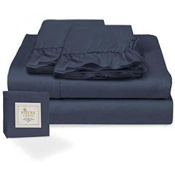 Pizuna Juego de sábanas algodón de 400 Hilos Azul Oscuro Cama 90cm, 100% algodón Tejido de satén Suave y Transpirable con 1 sábana Plana + 1 sábana Ajustable + 1 Cilíndrica Funda de Almohada