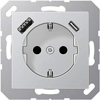 JUNG Schuko Socket Outlet with USB Type A and C, Aluminium Finish (A 1520-15 CA AL)