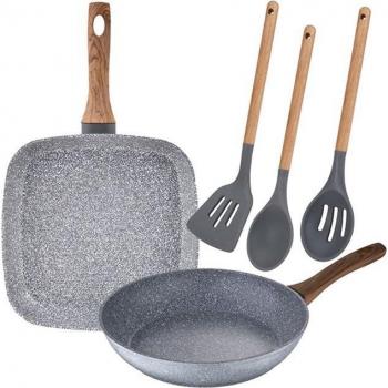 San Ignacio Set de Sartén 26cm + Asador Grill 28x28cm + Set 3 Utensilios de Cocina en Aluminio Forjado