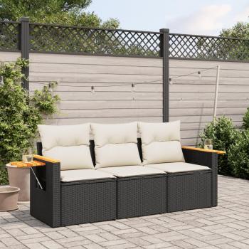 Set de sofás de jardín 3 piezas con almohadas de polyrattan negro