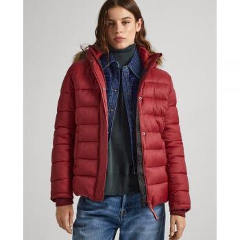 Pepe Jeans May Short Garnet - Chaqueta Corta para Mujer con Capucha de Pelo Desmontable de Nylon