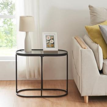 Mesa Auxiliar Ovalada Luleå de Cristal Templado y Metal 55x28x45cm - Negro y Transparente