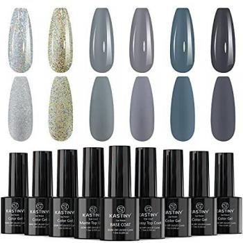 Semi-Permanent Nail Polish, Kastiny 9 Milk Gray Gold Silver Green Nail Polish UV Permanent Gel, Permanent Nail Polish with Base, Shiny and Matte Top Coat, DIY Nail Art Requires Drying