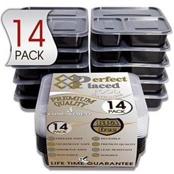 No1 Best Seller Premium 3-Compartment Stack-able Meal Prep Containers With Lids Microwave Safe, Dishwasher Safe.. Meal Prep and Portion Control.. Weight Watchers Lunch box.. For kids and adults.. Healthy Snacks 100% BPA Free, [14 pack] By Perfect Placed m