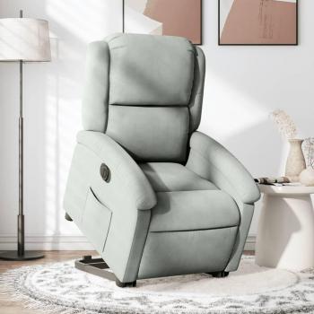 Silla reclinable eléctrica de terciopelo gris claro con función elevadora y mecanismo reclinable