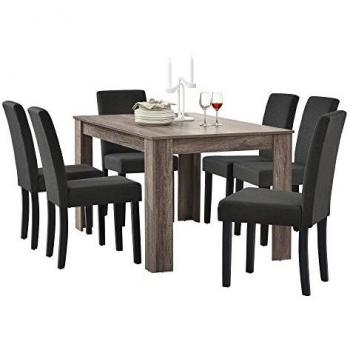 Set de Comedor Kramfors Mesa Rectangular 140 x 90 cm con 6 Sillas Tapizadas en Gris Oscuro y Acabado en Roble Antiguo