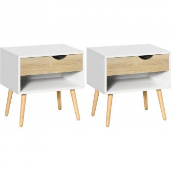 Set de 2 Mesitas de Noche con Cajón y Estante - Blanco y Roble